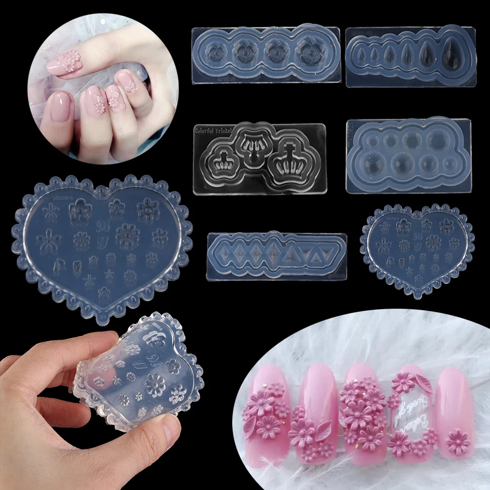 12 видов стилей 3D силиконовая форма для ногтей цветок/Сердце/звезда/оболочка/корона резьба DIY лак популярный инструмент акриловые наконечники для ногтей шаблон