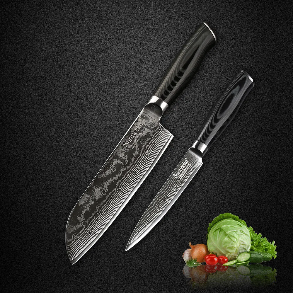 

SUNNECKO 2PCS Damascus Knife Set 7" Santoku 5" Utility Knife Micarta Handle Japanese VG10 Core Steel Knives Meat Cooking Cutter