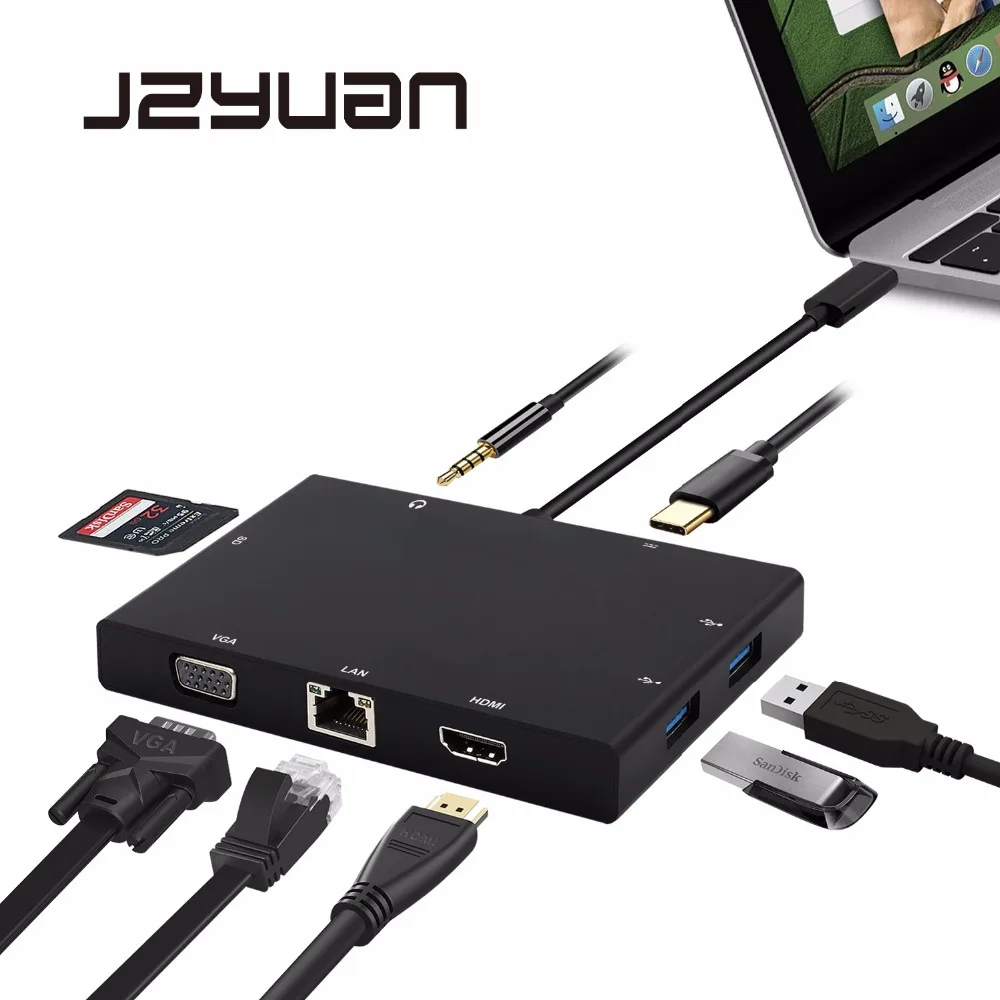 

JZYuan USB C 3.1 Type C HUB to HDMI VGA RJ45 Gigabit Ethernet USB 3.0 SD Card Reader 3.5mm Audio PD Charge Adapter For Macbook