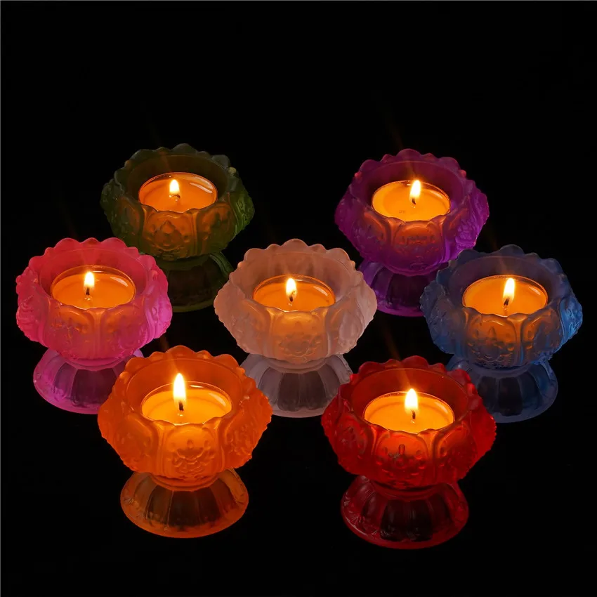 

Colored Glaze Glass Lotus Candle Holder Oil Lamp Geometric Candlestick Fornasetti Decoration Candles Wedding Centerpieces Buddha