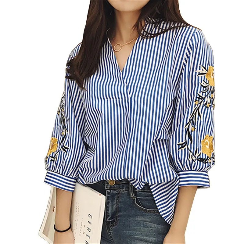 

Summer Women Sleeve Flowers embroidered Shirt Womens Streetwear Clothing femme blusas striped shirts blouse top 2018 Spring
