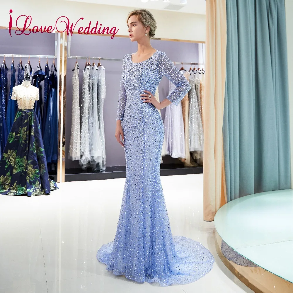 ILoveWedding самая красивая одежда с длинным рукавом Вечерние платья Сирень Тюль Beadings Сексуальная О Назад Русалка Вечерние платья 2018