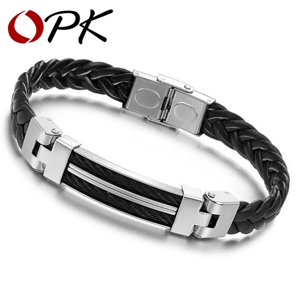OPK High Quality Black PU Leather With Stainless Steel Bangles