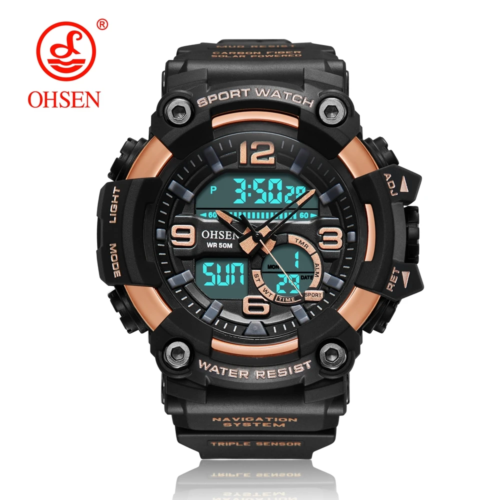 

Top Sale OHSEN Digital Quartz Sport Men Wristwatch 50M Waterproof Led Diving Military Rose Gold Silicone Watch relogio masculino