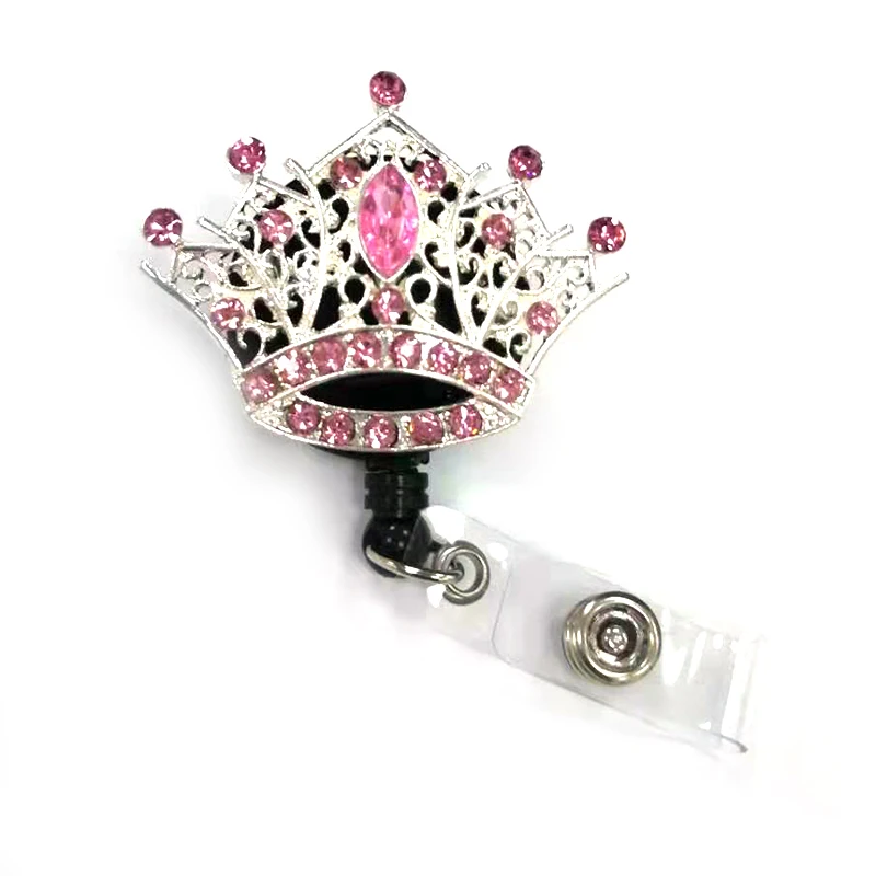 

10pcs/lot free shipping Hot selling rhinestone crystal Princess pink crown Retractable ID Badge Holder/reel