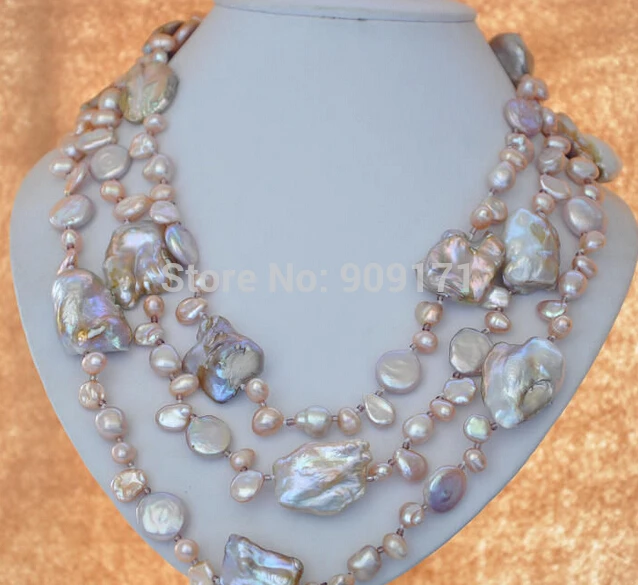 

Free Shipping>>3row 17- 21" 30mm lavender coin rice baroque keshi freshwater pearl necklace