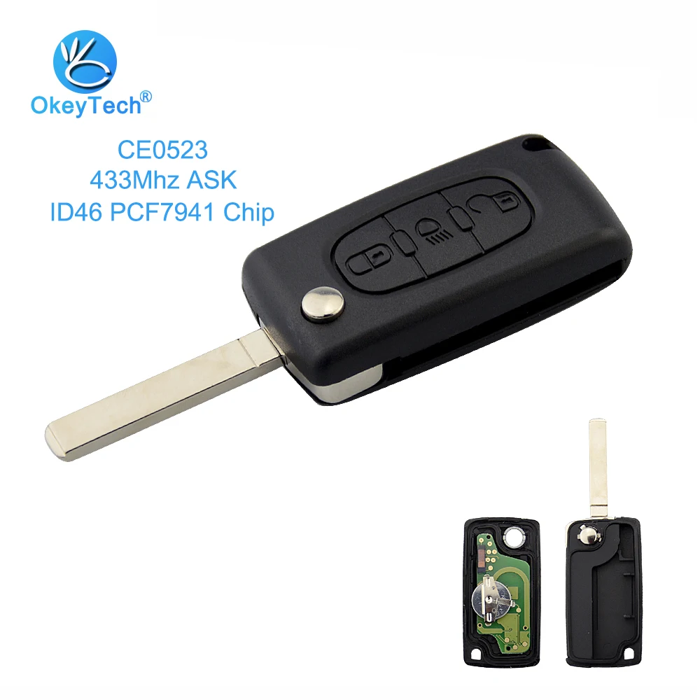 

OkeyTech CE0523 for Citroen Remote Key 433Mhz ID46 PCF7941 Chip Light Button VA2 Blade ASK Flip 3 Button for C2 C3 C4 C5 C6 C8
