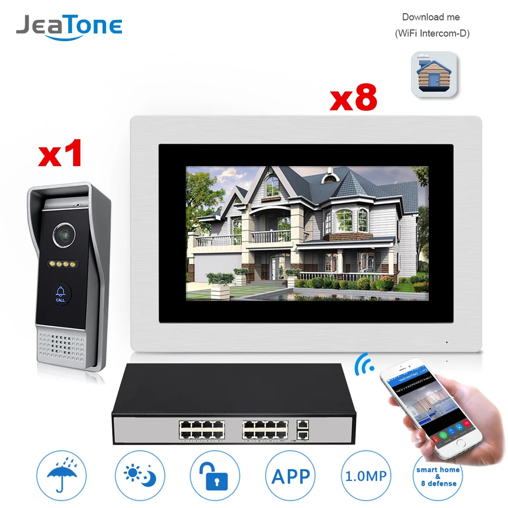 

7'' WIFI IP Video Door Phone Intercom Door Bell Villa Access Control System Touch Screen Motion Detection 1 to 8 with POE Switch