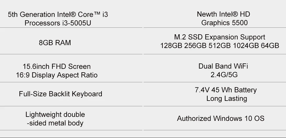 Ноутбук 15," Intel Core i3 5005U Win10 1920x1080 FHD 8 ГБ ОЗУ 1 ГБ SSD ноутбук с подсветкой клавиатуры металлическая крышка ноутбука