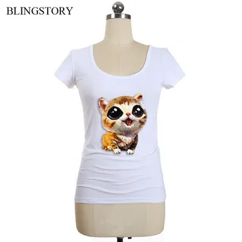

BLINGSTORY Europe Summer Cat Print T Shirt Big Size Short Sleeve Woman Tee