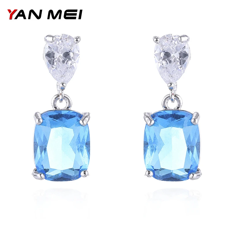 YANMEI 3 Colours CZ Simple Square Stud Earrings For Ladies Crystal Water Drop Shape Earring Wedding Fashion Gifts YME7559Y | Украшения и