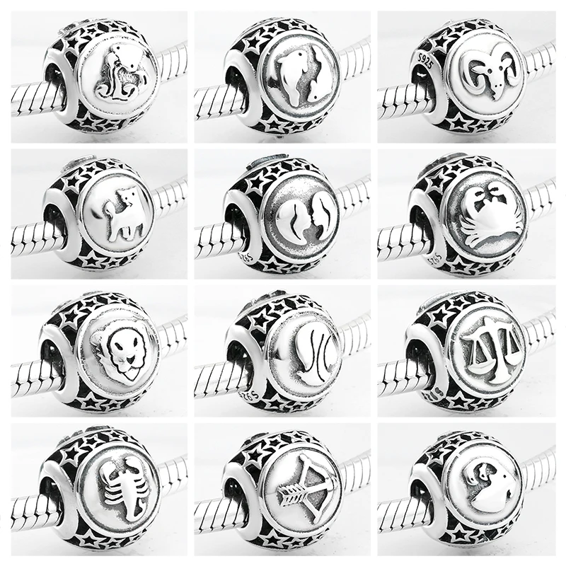 

925 Sterling Silver fashion 12 Constellation beads charms Jewelry making Fit Original Pandora Charm Bracelet