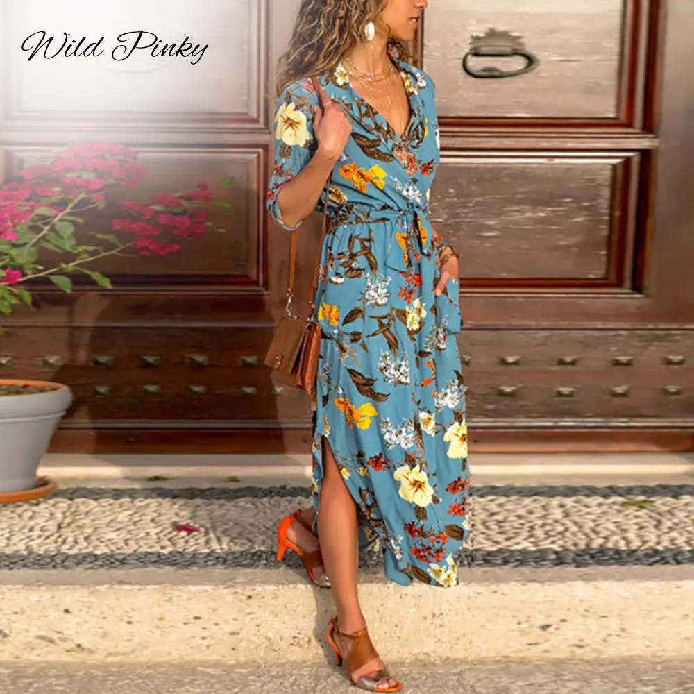 

WildPinky Long Sleeve Shirt Dress 2019 Summer Boho Beach Dresses Women Casual Striped Print A-line Midi Party Dress Vestidos