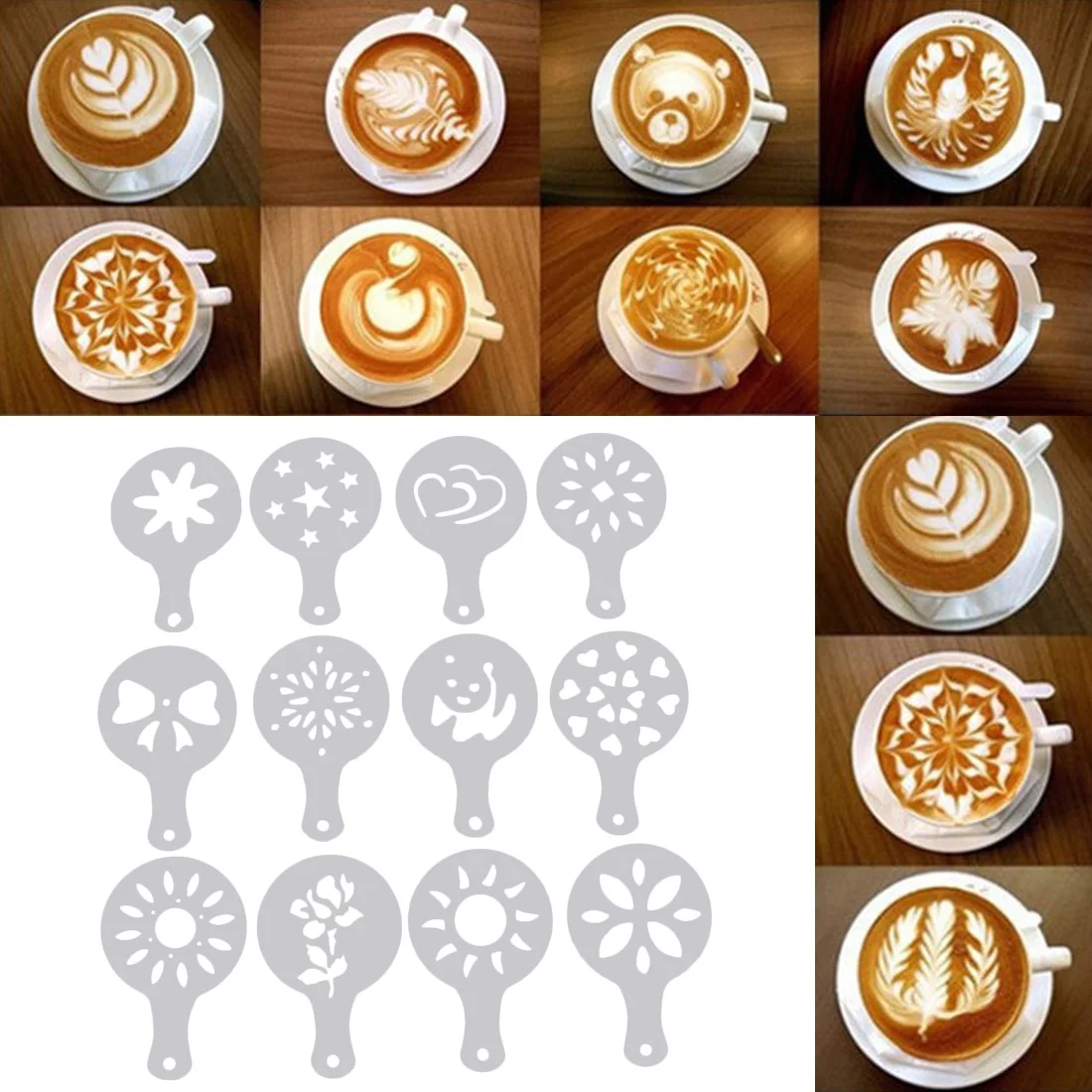 

16pcs/12pcs/8pcs Coffee Latte Cappuccino Barista Art Stencils Cake Duster Templates Coffee Tools Accessories