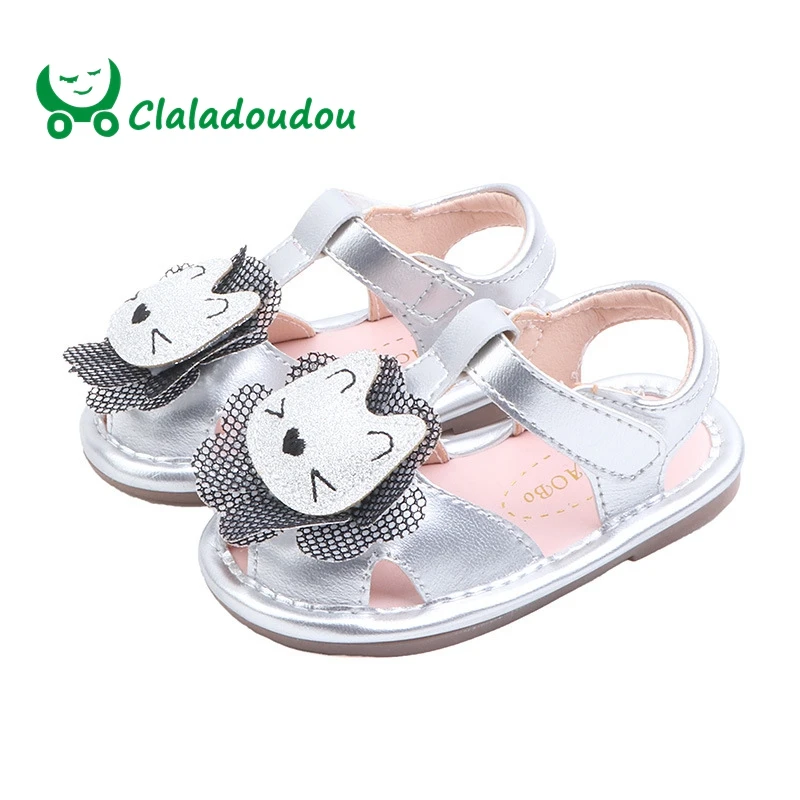 

Claladoudou 12-14CM Brand cute cartoon baby birthday party sandals shoes toddler moccasins silver girls boys strap gold shoe