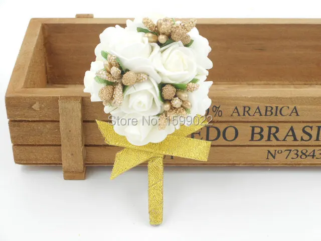 

4pcs Bridal Groomsmen Prom Boutonnieres White Silver Foam Rose Flowers Corsage Wedding Decorations Handmade Groom Tuxedo Brooch