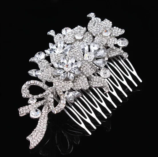 

SLBRIDAL Art Deco Silver Clear Rhinestones Crystals Pearls Leaves Wedding Hair Comb Bridal Hair Accessories Hair Jewelry Women