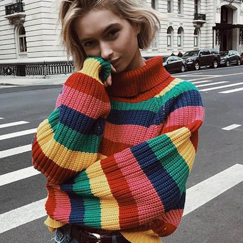 Spring Winter Women Casual Rainbow Turtleneck Sweaters Knitted Clothes Fashion Striped Oversized Pullover Female