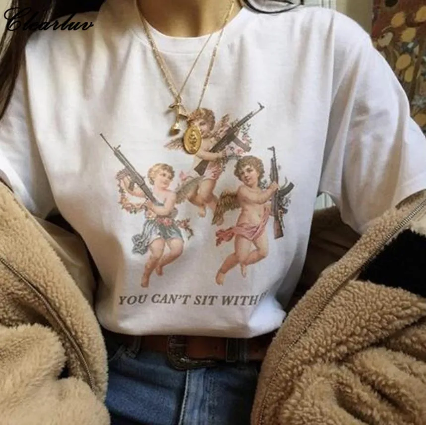 

harajuku summer vintage Gun Angel printed tshirt Loose plus size women poleras de camisas mujer blusas mujer short chemise femme