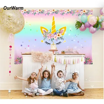 

OurWarm Unicorn Cartoon Pink Party Backdrop Wall Sticker Pastoral Paper Unicorn Baby Shower Photo Backdrop Background Rainbow