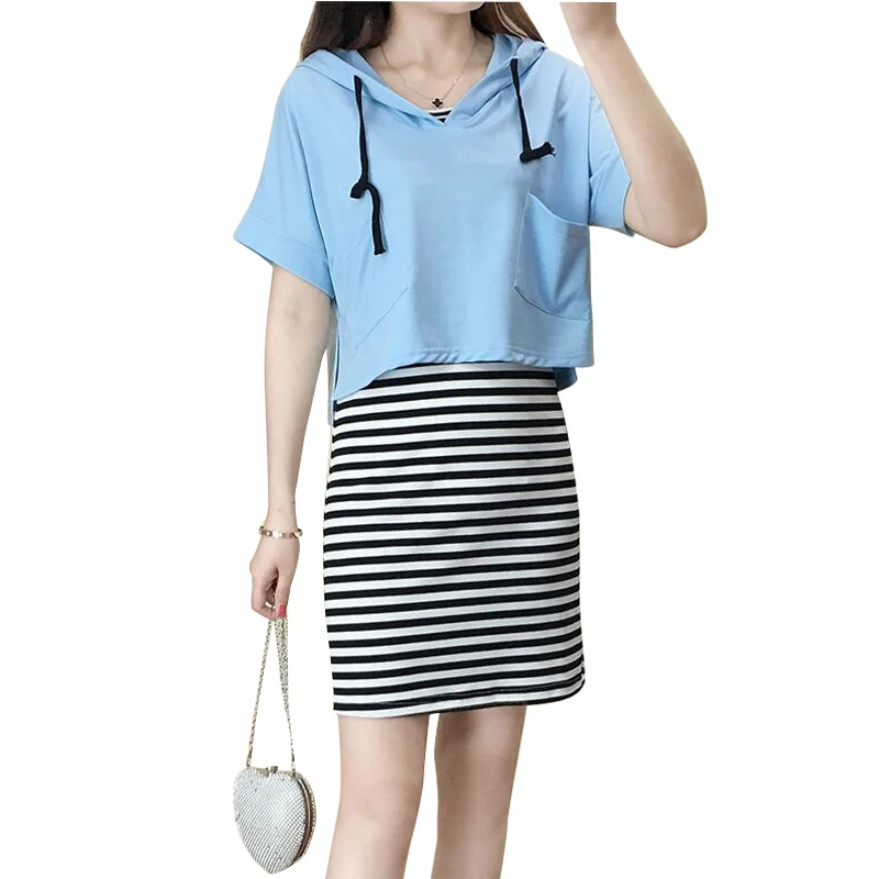 Maternity Nursing Dress Hoodies Set Breastfeeding Stripes Tank Dresses