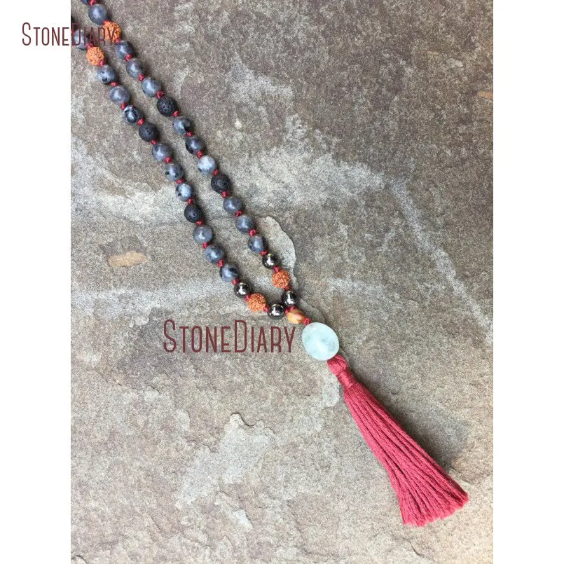 20180312-NM10922-Hand knotted Larvikite, Hematite & Rudraksha 108 Bead Mala lava stone aquamarine guru bead grounding protection meditation yoga mantra