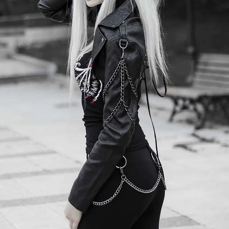 

Punk Chain Faux Leather Jackets Women Autumn Gothic Short Outerwear Streetwear Motorcycle Jacket Cool Lace Up Casual Black Coat