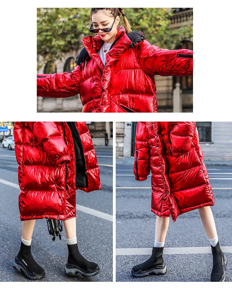 Зимняя модная женская пуховая хлопковая куртка, глянцевая теплая парка, длинное плотное пальто с капюшоном, женская уличная одежда с длинным рукавом 173