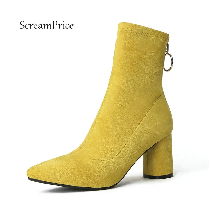 

Women Suede Thick High Heel Ankle Boots Fashion Zipper Boots Ladies Pointed Toe Fall Winter Shoes Black Yellow