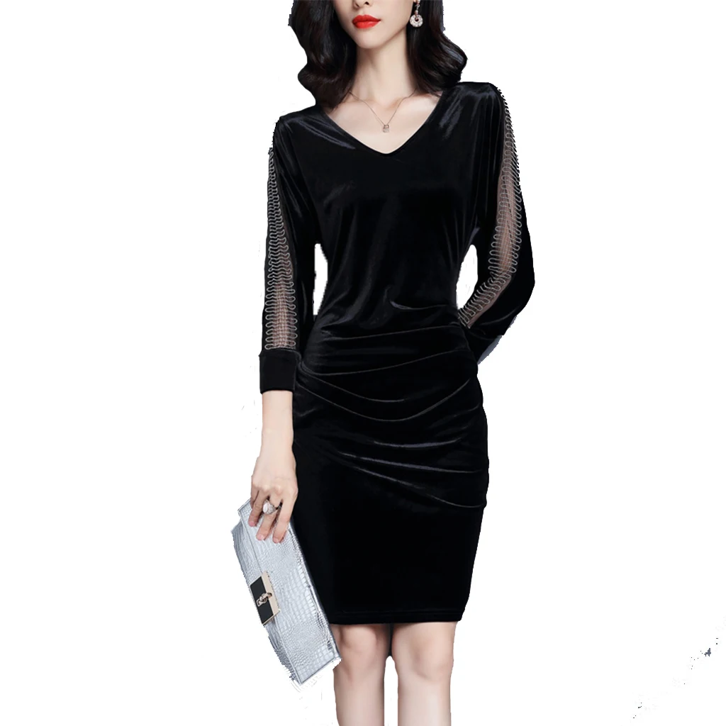 2017 New Velvet  Dress Mosaic Closed Pocket Hip Dress Women Long Sleeve Vintage Dress Party Dress Vestidos Femininos