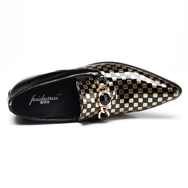 Sl107 Hochzeit Mann Strass On Schuhe Faulenzer Plaid Runway Schwarzes Slip Size Italienische Spitzschuh Plus Rocker Lackleder Herren IAXxZwq