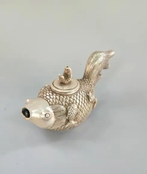 Chinese exquisite White copper goldfish teapot crafts Statue Chinese exquisite White copper goldfish teapot crafts Statue