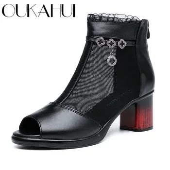 

OUKAHUI Spring Summer 2019 Sexy High Heel Sandals Women Genuine Leather Metal Decoration Peep Toes Quare Heel Gladiator Sandals