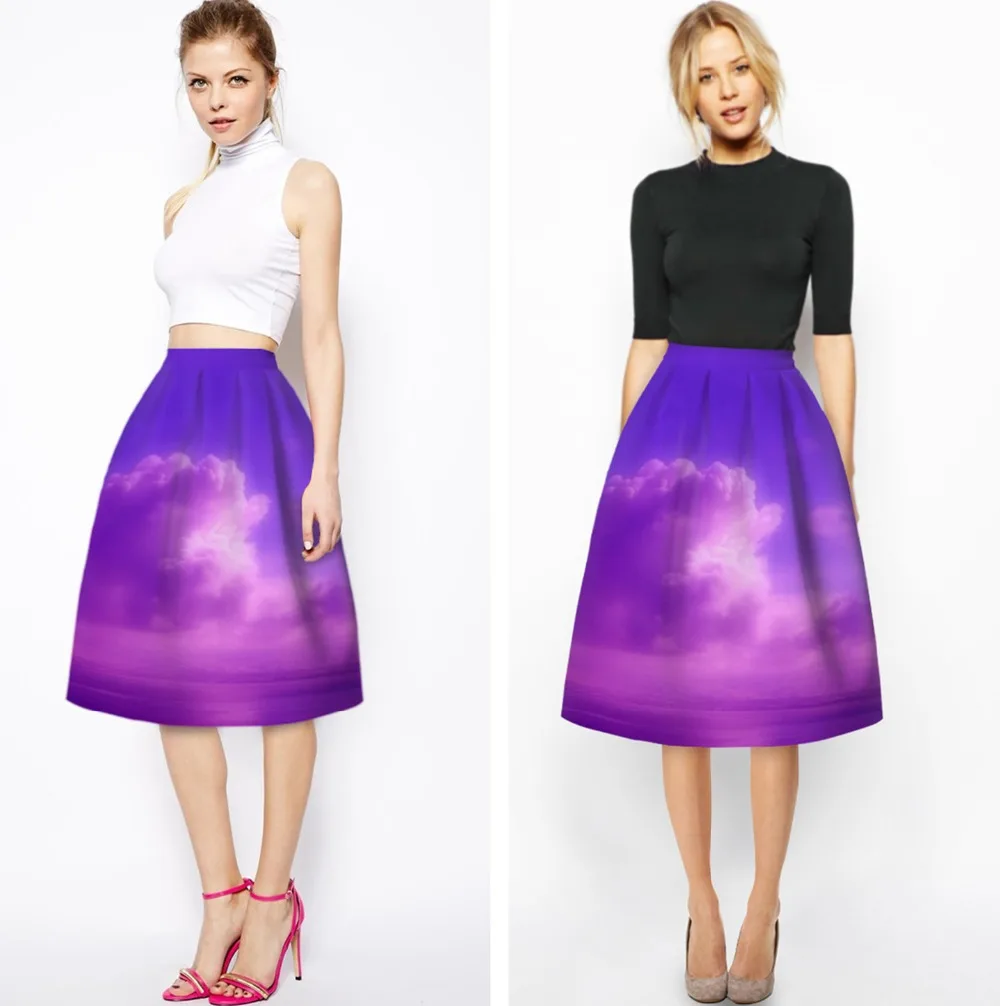 Autumn Pleated Sports Purple Sky Skirts 3D Printing High Waist Purpled