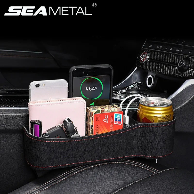 

Universal Car Seat Gap Organizer Storage Box PU Leather Auto Seat Crevice Side Slit Accessories With 12V Cigarette Lighter Drive