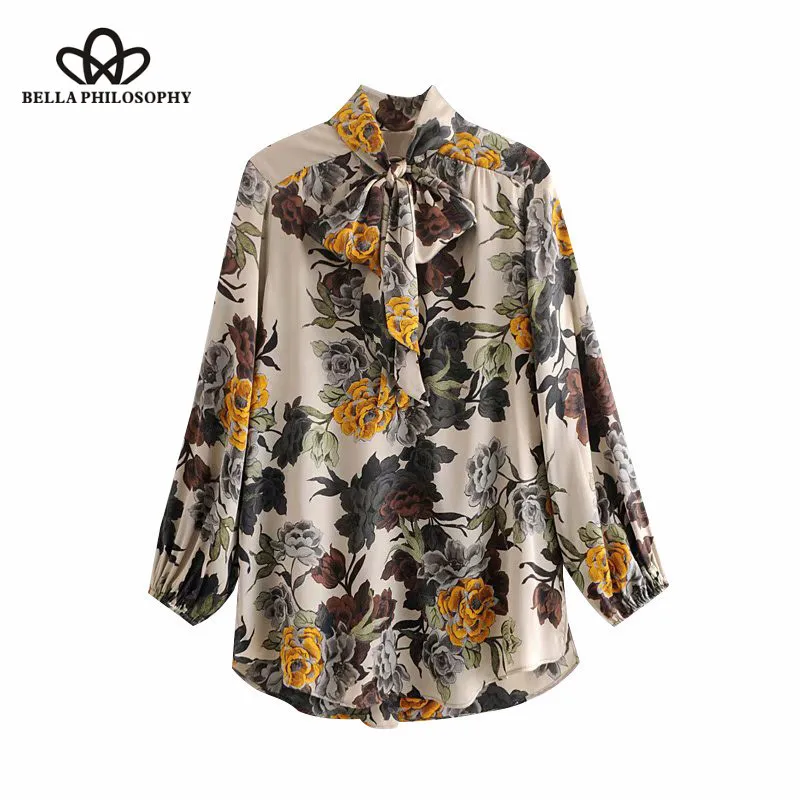 Wonder 2018 new Vintage Elegant Bow Tied Floral Print Top Women Blouses Long Sleeve Streetwear Ladies Shirts Casual Blusas Mujer