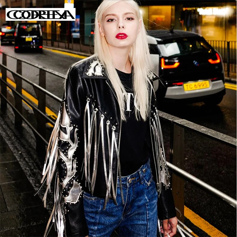

Street locomotive Silver Tassel design leather jacket Women Spring Autumn Women Punk hip hop Short PU Coat Female Cool Jackets