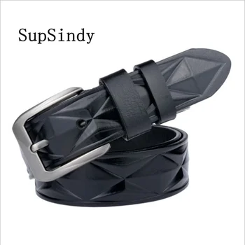 

SupSindy Leather Belts Men Pin Buckle 3D Fashion Design Punk Male Waistband Black luxury Genuine Leather Men's Belt high quality