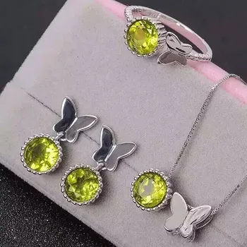 

Fidelity Natural peridot s925 sterling silver earrings ring Pendant Butterfly jewelry sets natural lemon gem fine jewelry women
