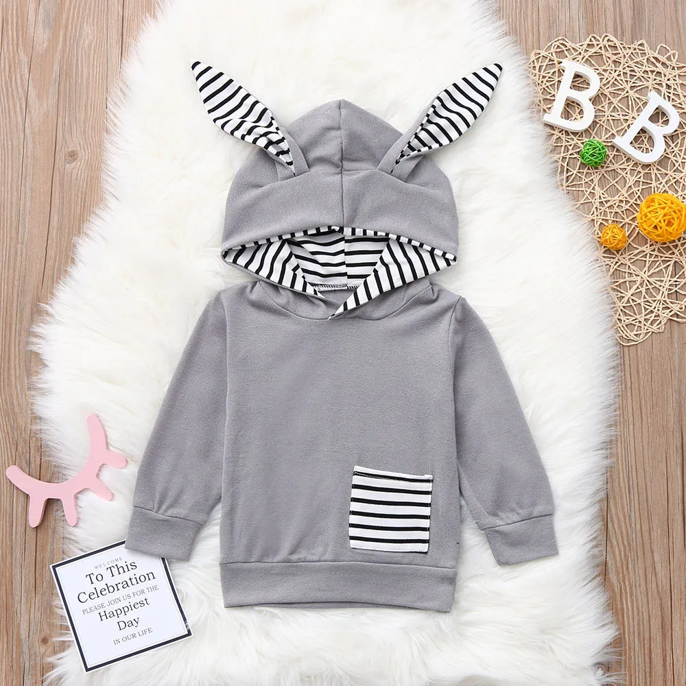 

Baby Boys Girls Sweatshirt Cartoon Ear Striped Hooded Pullover Tops Coat Toddler Infant Kids Winter Hoodie Sweatshirt Outfits