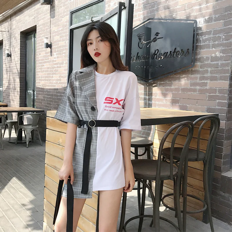 Летняя футболка с коротким рукавом, однотонная, Лоскутная, клетчатый костюм, имитация двух частей, пояс, длинная футболка, Женская корейская модная одежда
