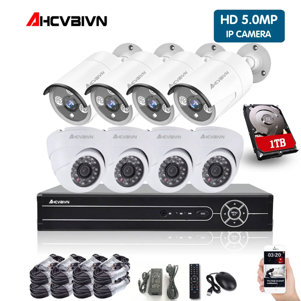 HD H.265 5.0MP PoE камера безопасности CCTV Системы 4CH 8CH NVR с 2592*1520 5MP IP Камера Открытый День/Ночь комплект видеонаблюдения