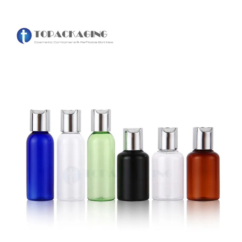 50pcs*50ml Empty Plastic Lotion Bottle Anodized Aluminum Press Screw Cap Liquid Soap Refillable Cosmetic Container Essential Oil