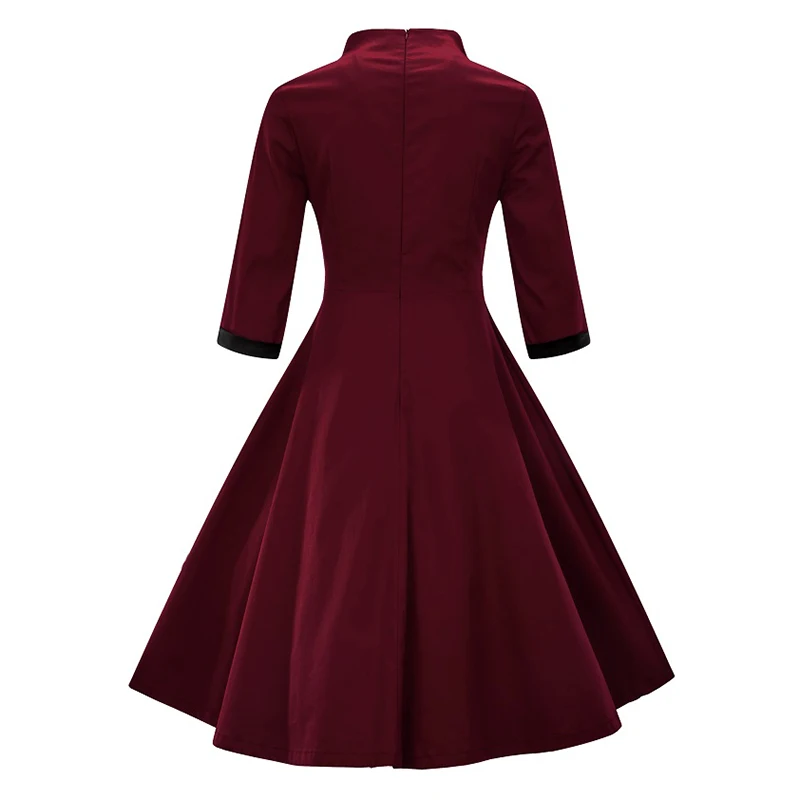 Kostlich 2017 New Autumn Dress Women V-Neck Long Sleeve Hepburn 50s Vintage Dress Patchwork Bow Style Party Dresses Plus Size (7)