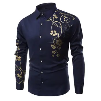 

New Fashion Men Bauhinia Print Buttons Turn Down Collar Long Sleeve Shirt Slim Top