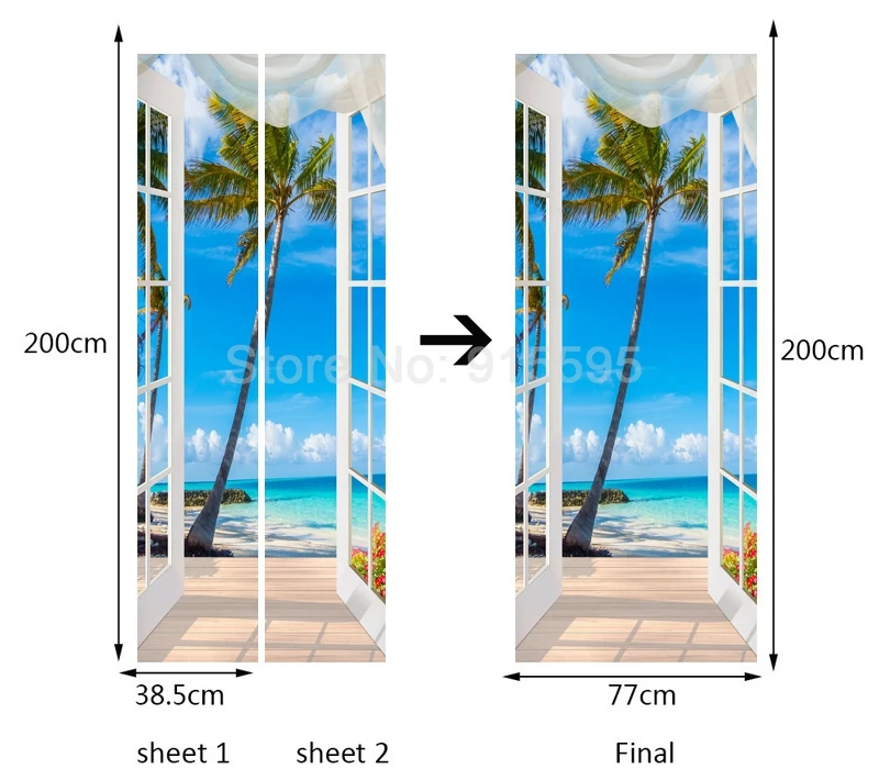 3D наклейка на дверь, окно, балкон, кокосовое дерево, вид на море, Настенные обои, наклейка s, самоклеющиеся съемные домашние наклейки на двери и стены