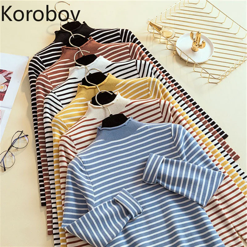 

Korobov 2019 Autumn New Arrival Women Bottom Turtlenenck Sweaters Korean Casual Striped Pullovers Long Sleeve Sueter Mujer 78454