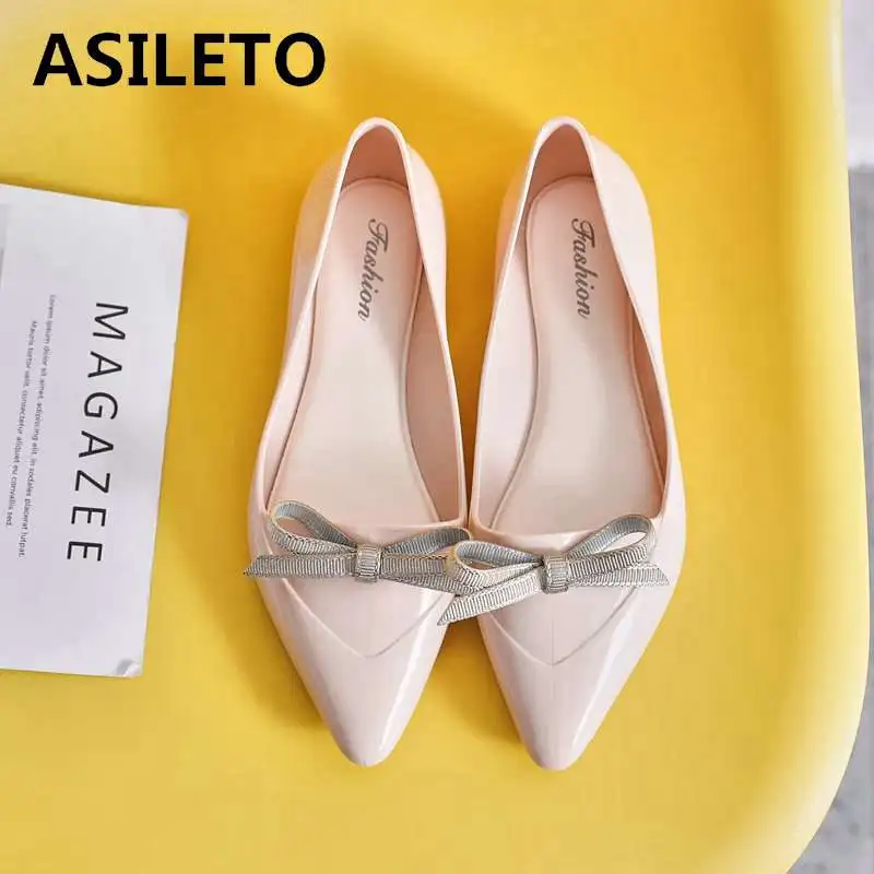 

ASILETO brand women flats pointed toe slip on shallow flats shoes bowtie waterproof jelly rain shoes woman ballerina flats PVC