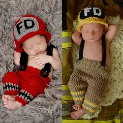 Малыша на крестины новорожденных ручной работы крючком пожарные Опора Косплэй костюм комплекты одежды для малышей