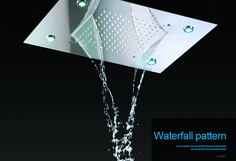 hm Shower System Double Waterfall Rainfall Large Ceiling LED Rain Shower Head Recessed Automatic Color Change Thermostatic Tap (8)